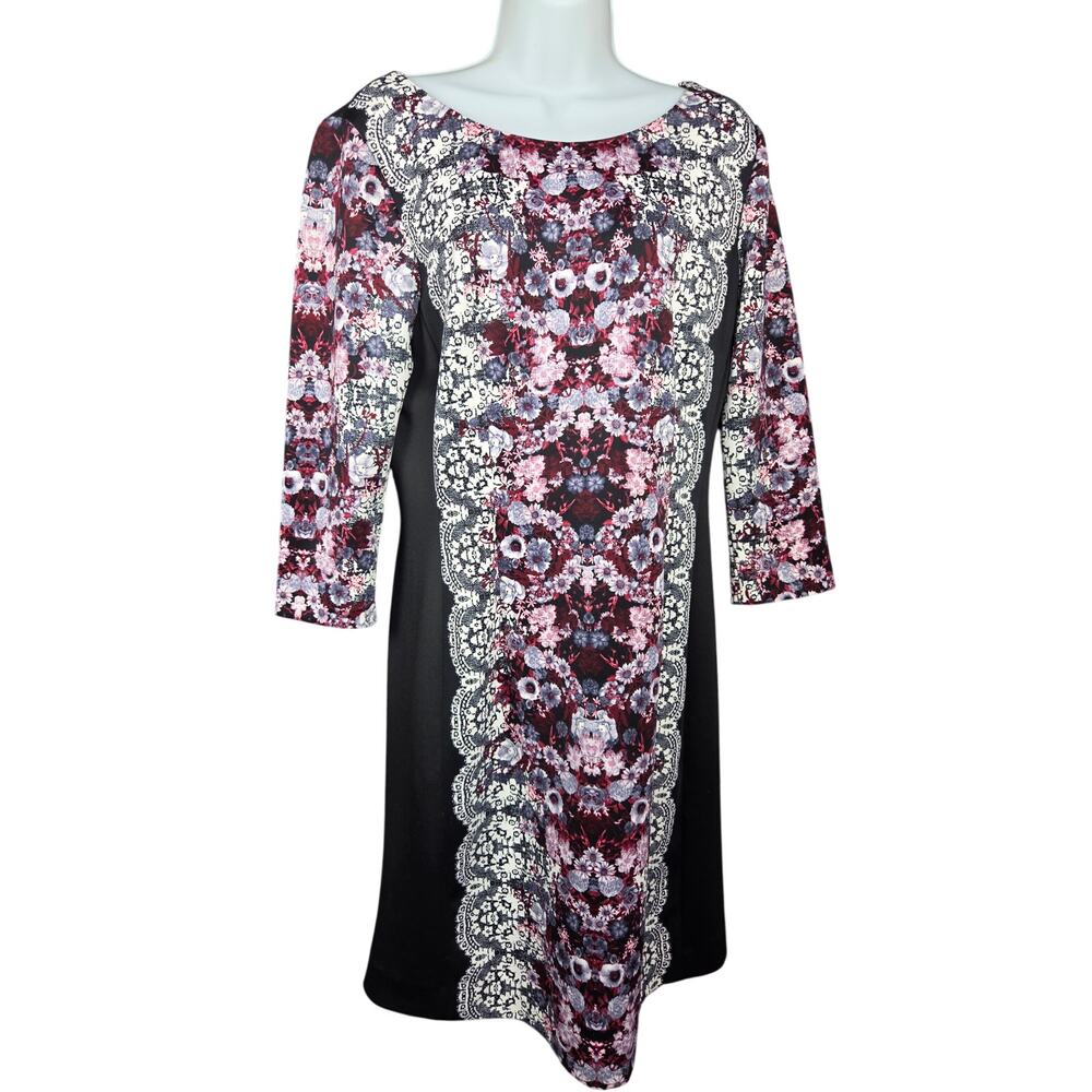 Tahari Arthur S Levine Dress Size 10 Black Floral Lace Print Sheath 3/4 Sleeve
